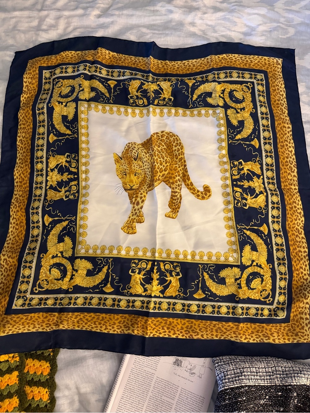 Luxury Leopard Print silk scarf in Navy and Gold